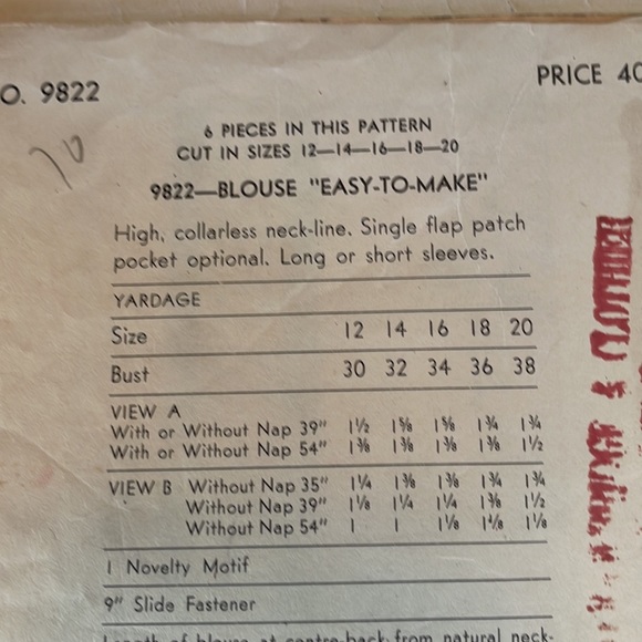 Vintage Vogue Pattern, 9822, size 16, bust 34, hip 37, ca 1940's - Picture 4 of 9